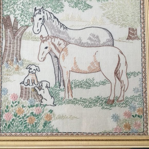 Vintage T.Eaton Co hand embroidery picture framed flowers, tree, horse, puppy - Picture 6 of 7